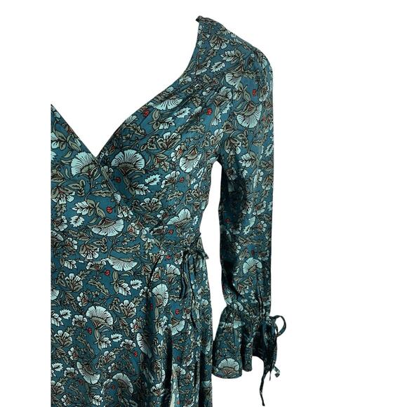BAND OF THE FREE Women S Jewel Teal Dress Floral Wrap Tie Side Bell Cuff Hi Lo - Picture 4 of 13